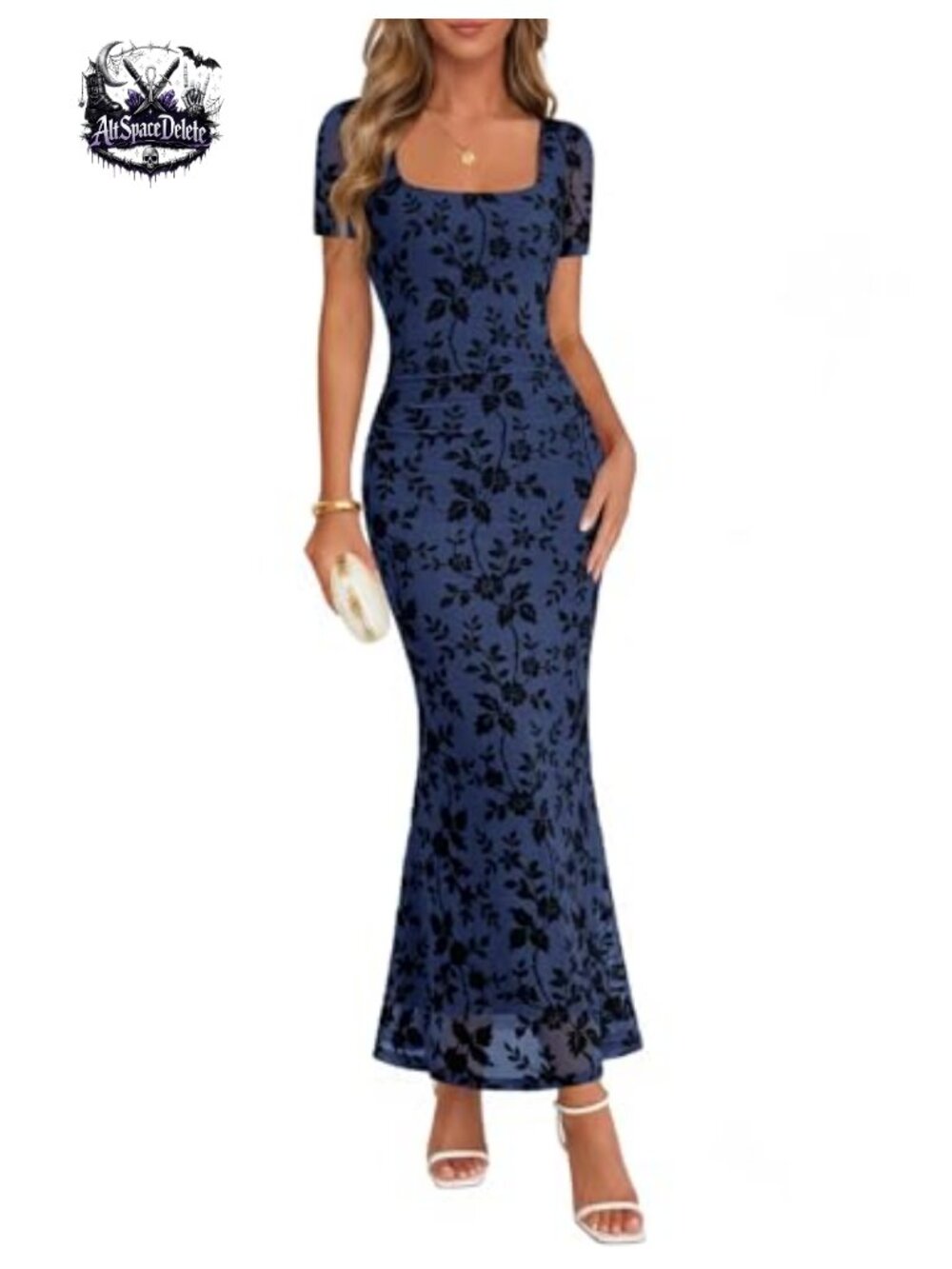 Floral Maxi Dress Square Neck Sheer Short Sleeve Wedding Guest Cocktail